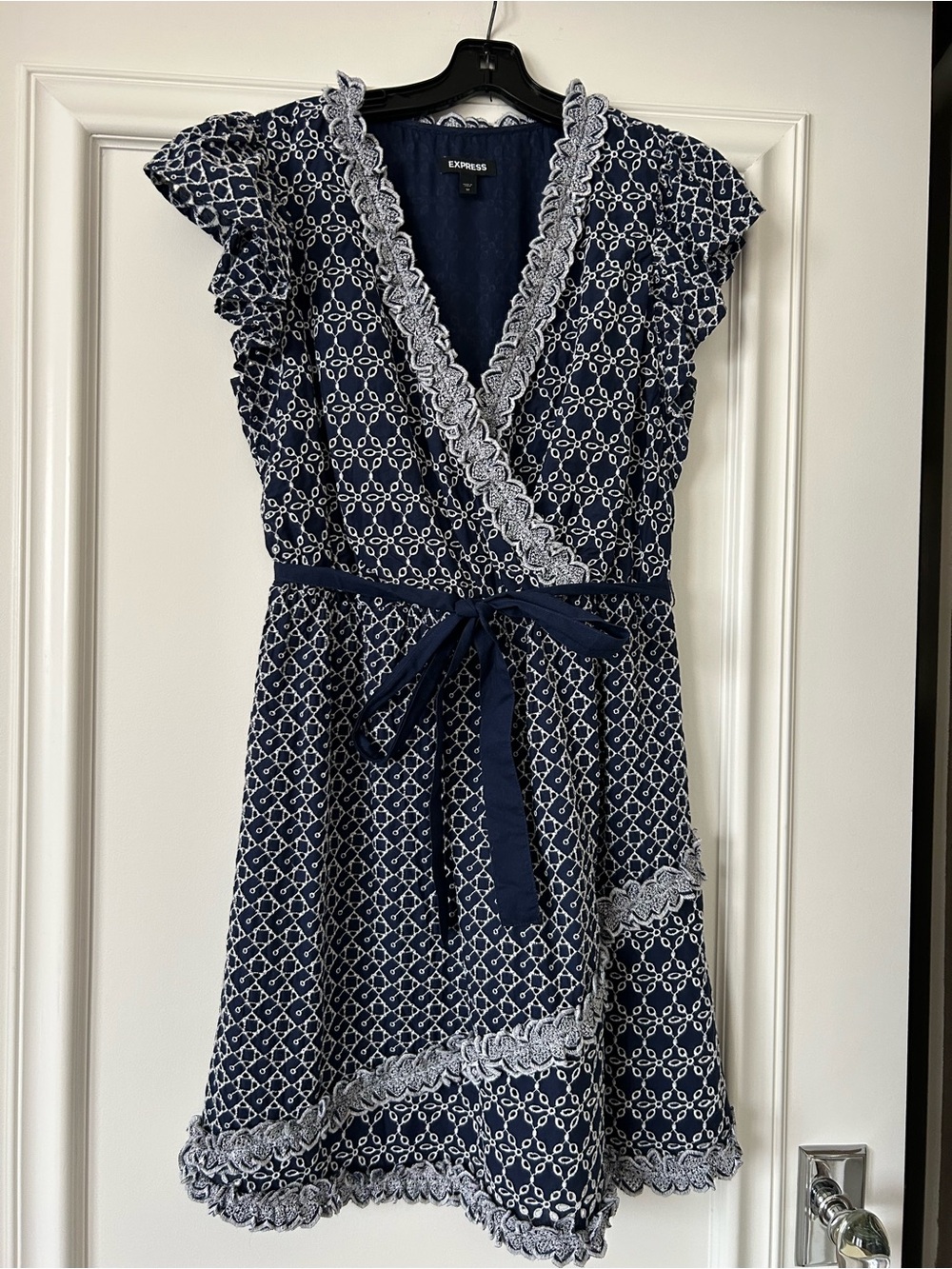 Express Navy Wrap Dress with White Lace Trim